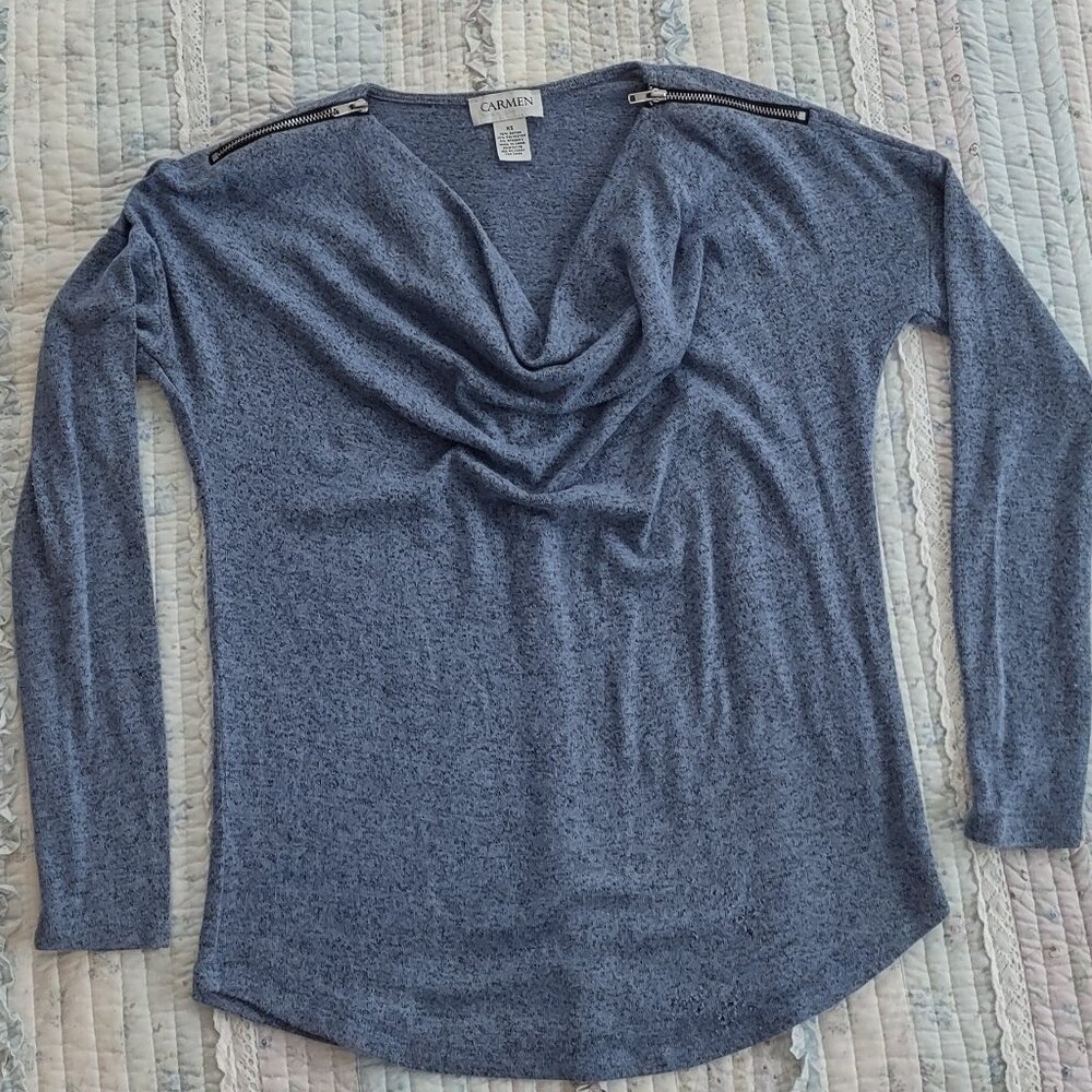 Carmen Marc Valvo Sweater, heather blue, drapey cowl neck